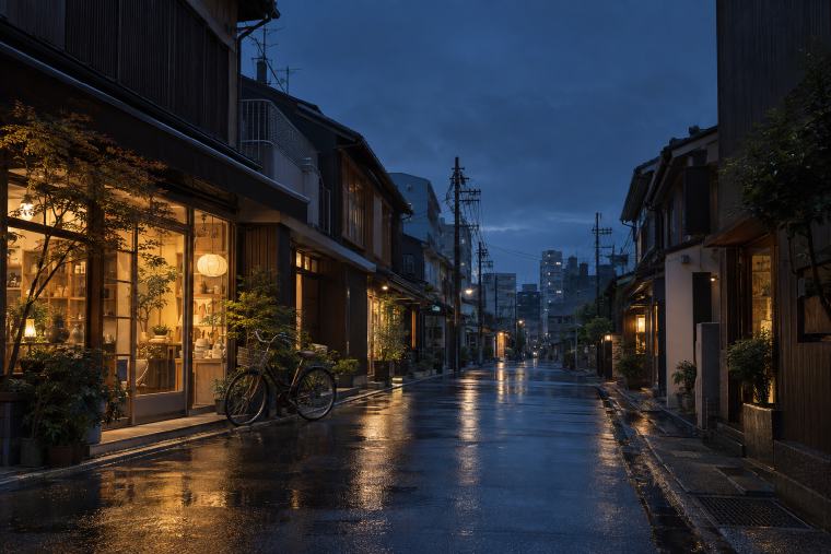 蓝色傍晚的空街上，雨后路面映出店铺暖光，左侧停着一辆自行车。AI 生成演示图。