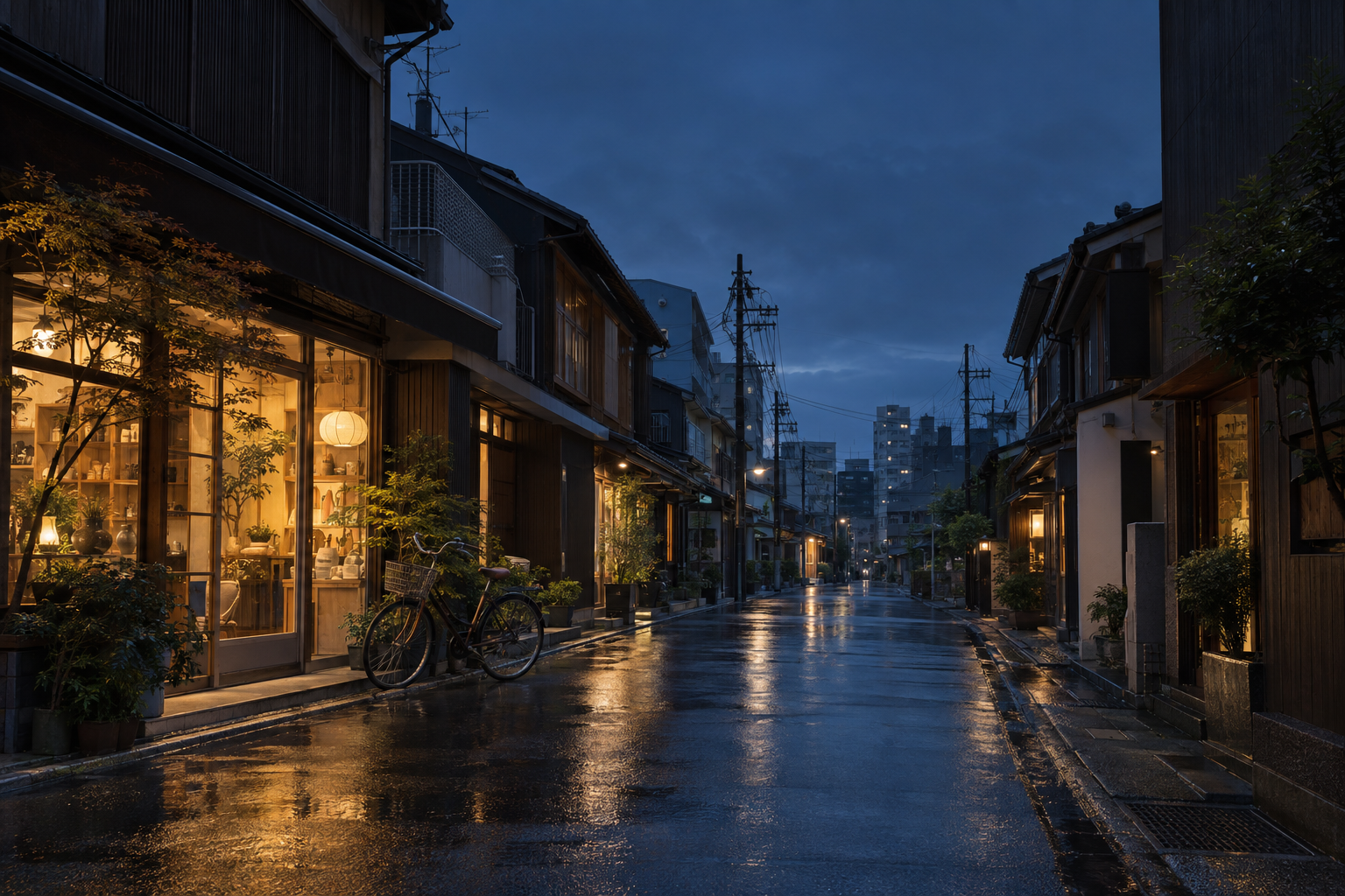 蓝色傍晚的空街上，雨后路面映出店铺暖光，左侧停着一辆自行车。AI 生成演示图。