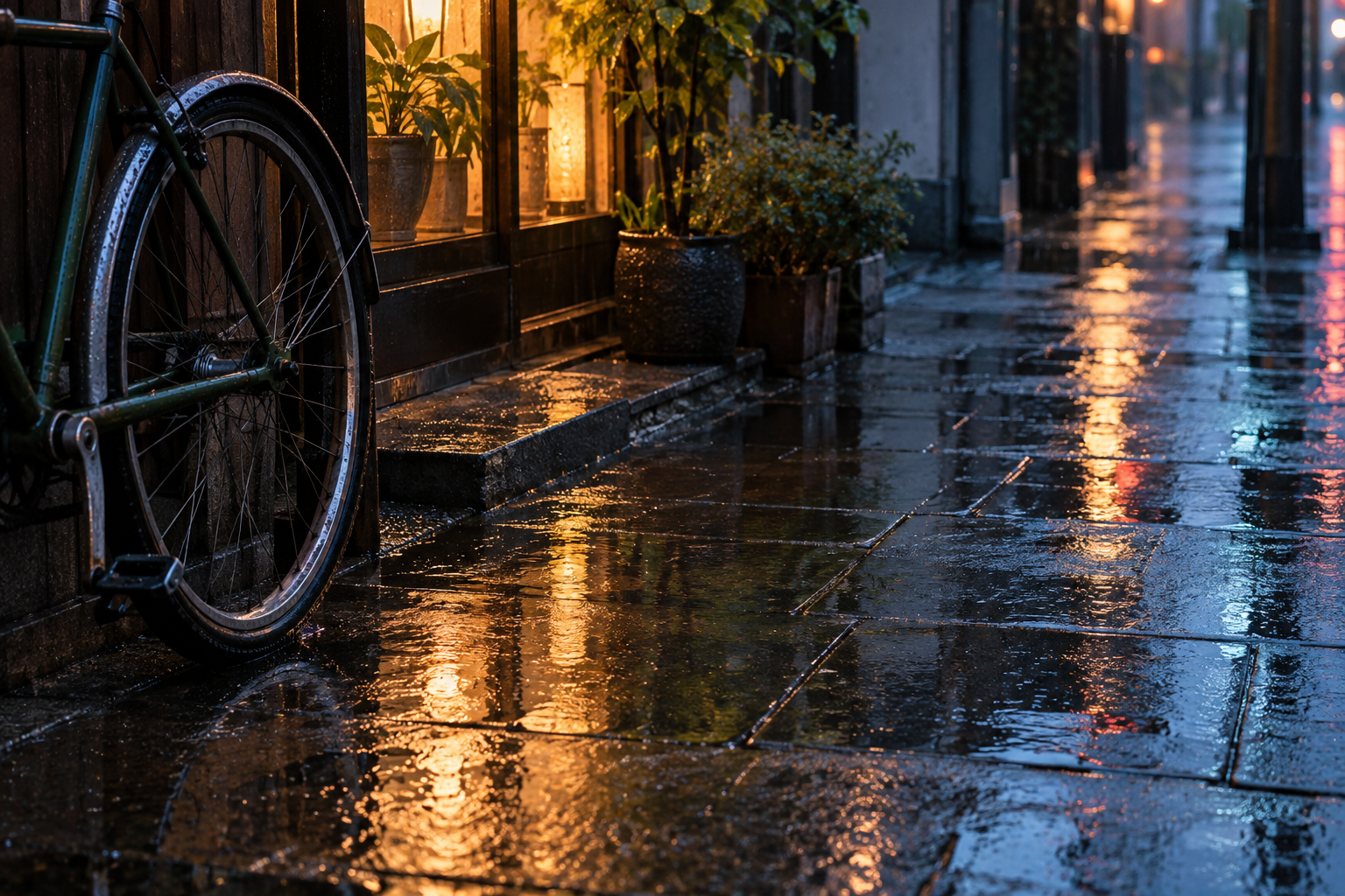 雨后街边的自行车轮、盆栽和湿润石板路近景,灯光映在水面上。AI 生成演示图。